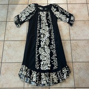 VTG 70s Tori Richard Honolulu Hawaiian‎ Dress Midi Black Cream Ruffle, Sz Small